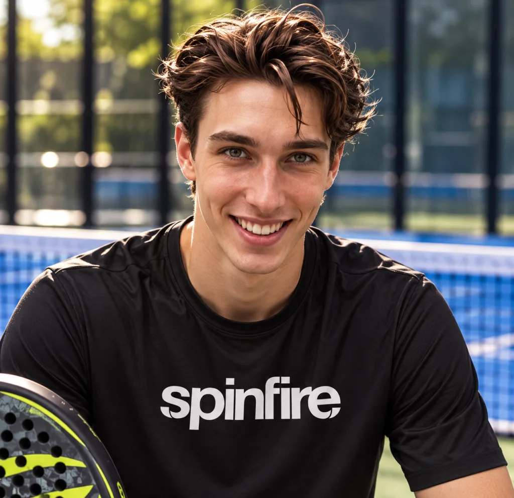 Erik fekete Spinfire pólóban, padelütővel