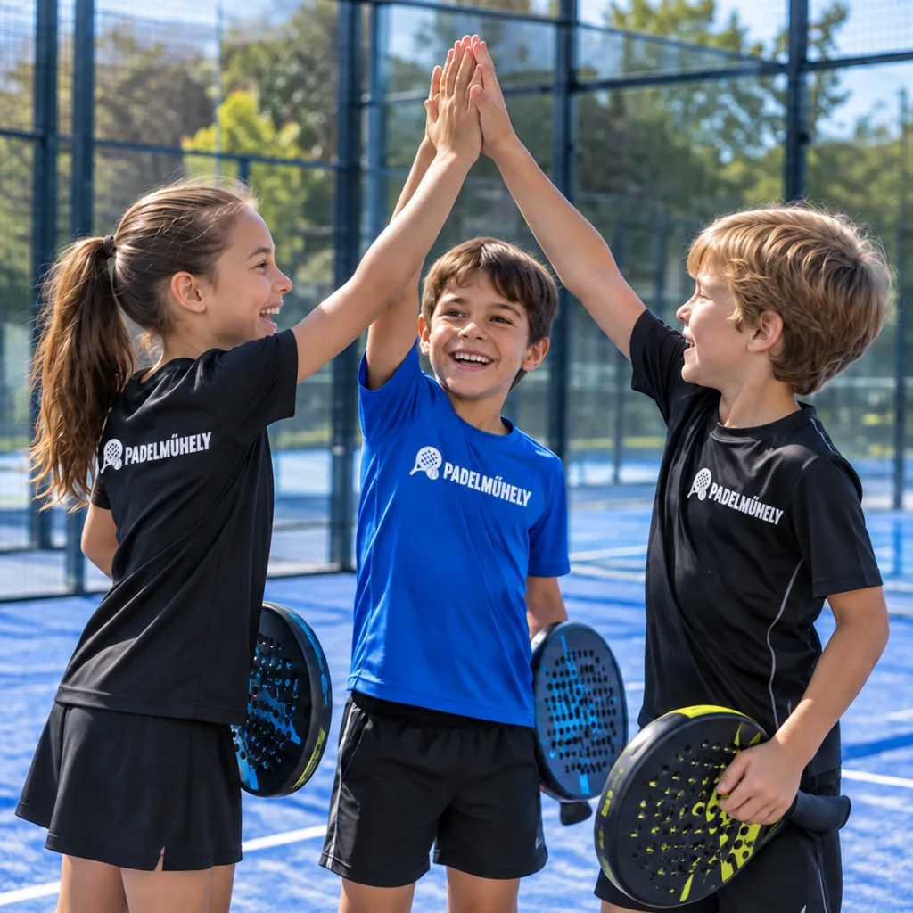 Padelműhely-pólós gyerekek együtt örülnek a padelpályán – szerkesztett illusztráció